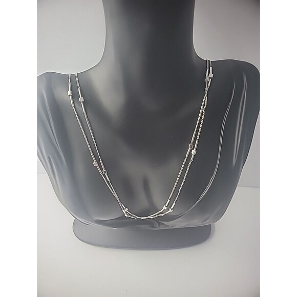 Vintage Necklace Silver Tone Double Strand Chain Bead Bar Jewelry Costume - Picture 6 of 12